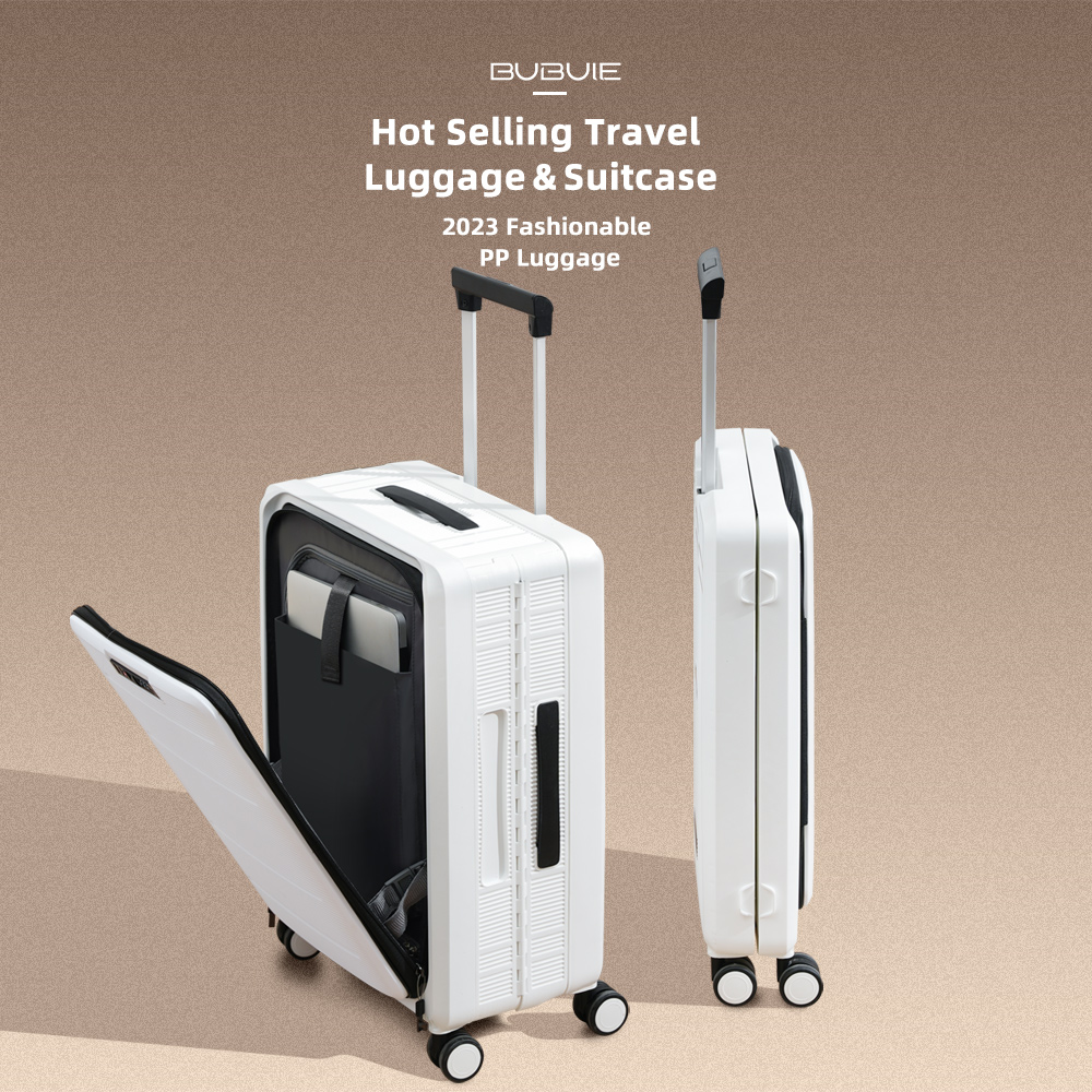 20英寸前开式PP硬壳可折叠拉杆行李箱，配有笔记本电脑口袋，设计时尚