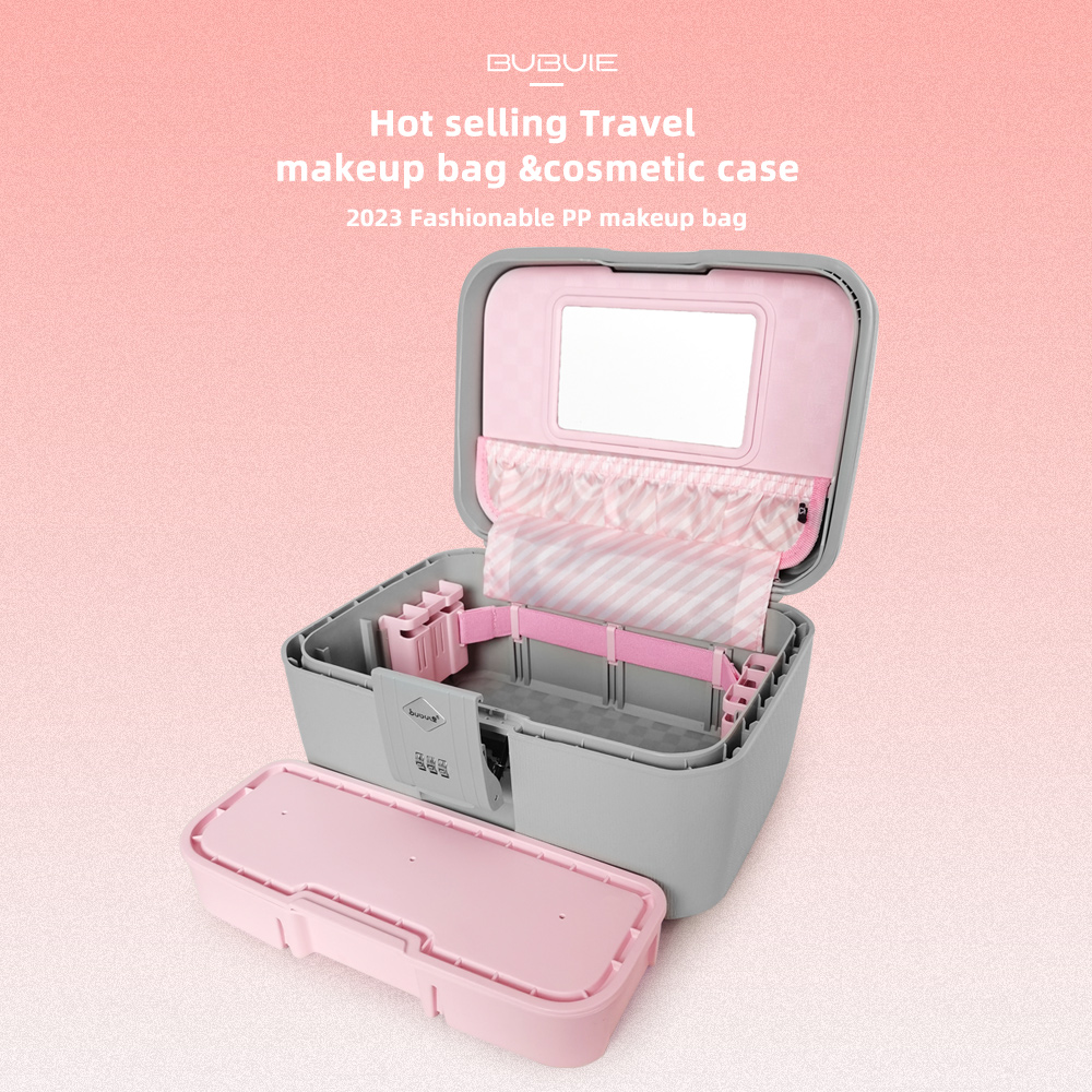 PP hardshell cosmetic case 14 inch traveling makeup bag high quality jewelry box with mirror